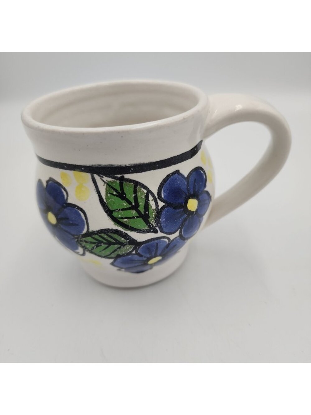 Vintage Coffee Mug Mexican Pottery White Blue Flowers Artist Signed
